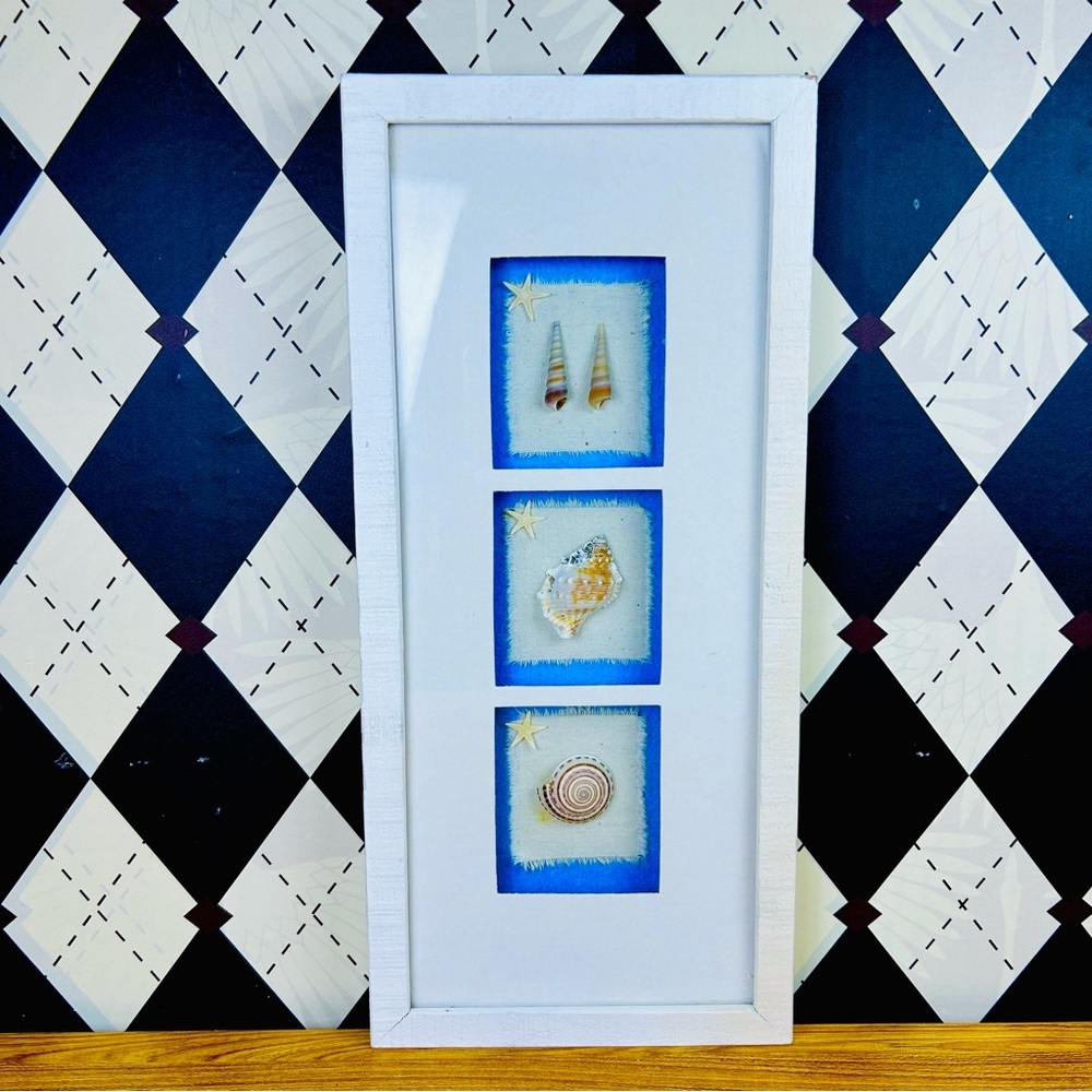 Framed 18” Coastal Shell Art Vertical Shadowbox Beach Cottage Décor